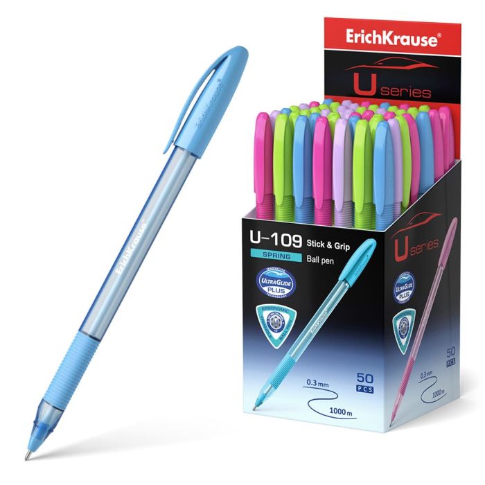 Ручка шариковая " Erich Krause " Ultra Glide Technology U-109 Spring Stick&Grip синяя 1,0мм, треугольн - купить в магазине Кассандра, фото, 4041485581093, 