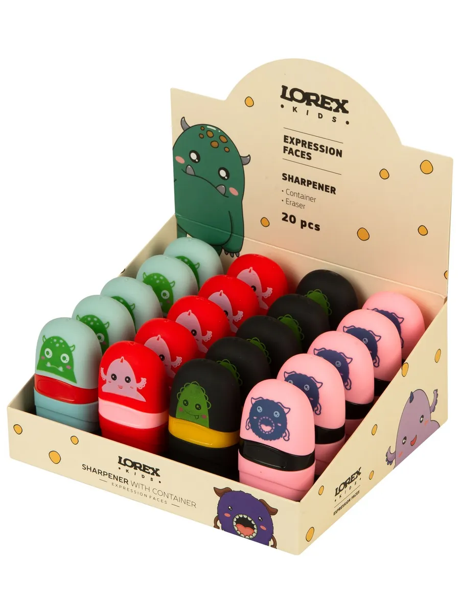Точилка LOREX KIDS EXPRESSION FACES с контейнером и ластиком ассорти, корпус пластик 1 отвер. в дисплее индив. - купить в магазине Кассандра, фото, 4602723177623, 