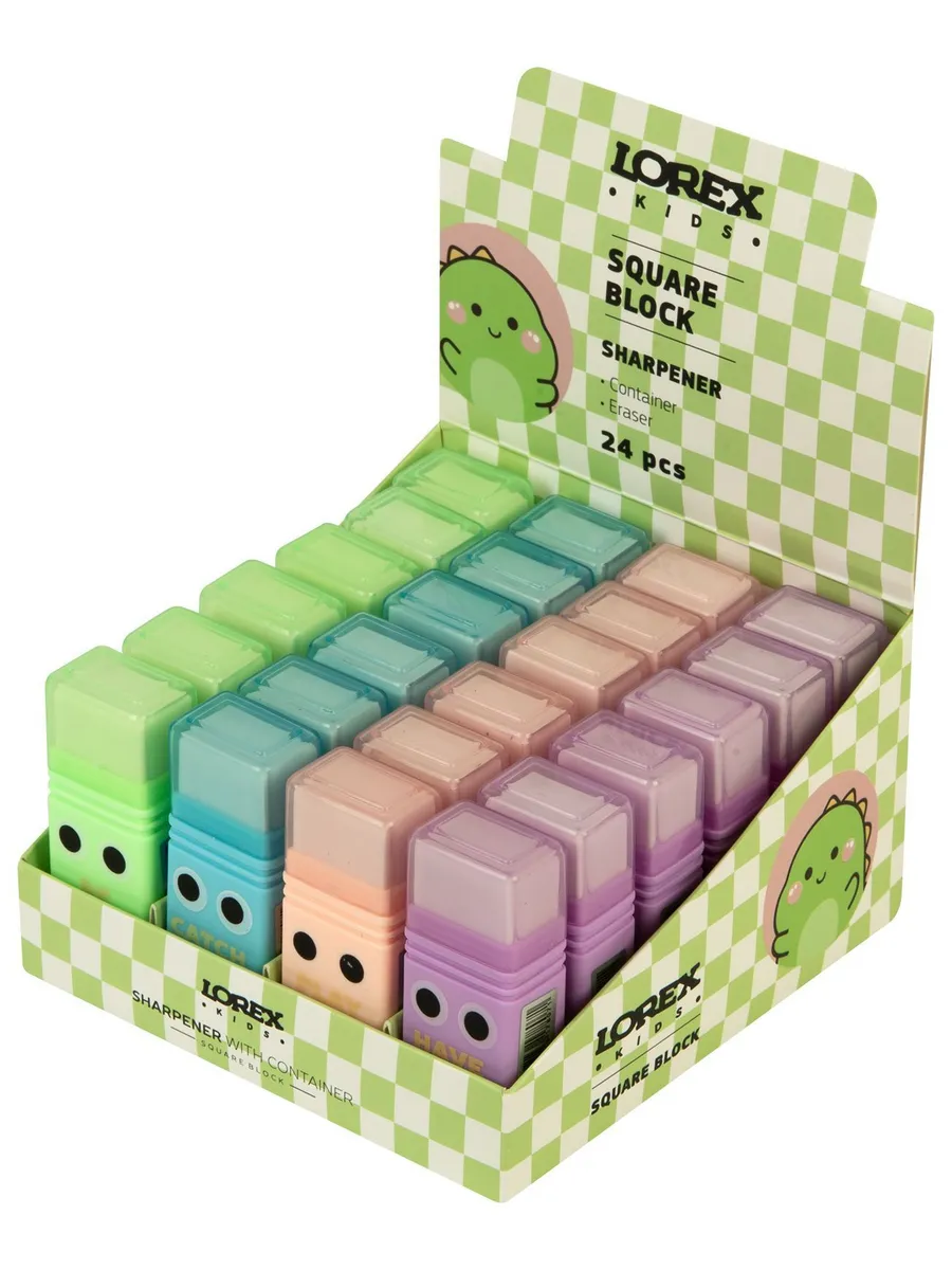 Точилка LOREX KIDS SQUARE BLOCK с контейнером и ластиком ассорти, корпус пластик 1 отвер. в дисплее индив.штри - купить в магазине Кассандра, фото, 4602723178071, 